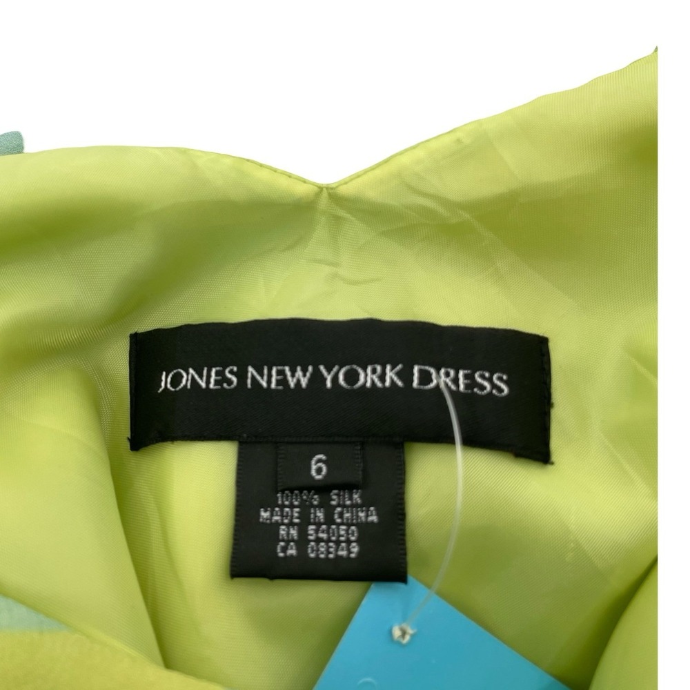 Jones New York Women Dress Midi Ruffle Lime Green Blue Silk Size 6 - Picture 3 of 3